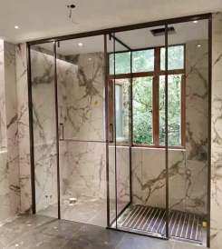 PHÒNG TẮM KHUNG INOX CHỮ T CỬA LÙA 1 CÁNH 2 PHÒNG