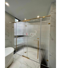 PHÒNG TẮM KHUNG INOX CHỮ T CỬA MỞ QUAY 2 CÁNH 1 VÁCH BẢN LỀ TRỤC TRÊN DƯỚI CHỮ NHẬT